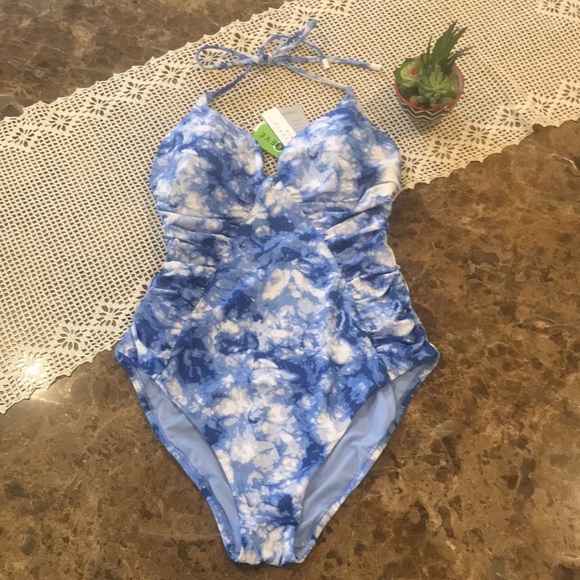New! Sanctuary Pretty in Peri Poolside Blue Tie-Dye One-Piece Halter Swimsuit M - Picture 1 of 13